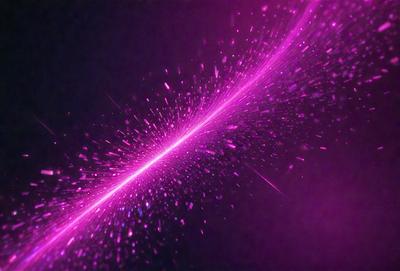 The primary subject of the image is a bright pink light, which appears to be a neon light or a light source with a pink hue. The light is shining through a purple haze, creating a visually striking scene. The setting is a dark background, which contrasts with the bright pink light and purple haze. The visual style of the image is a combination of a photo and digital art, as it captures the vibrant colors and unique lighting effect. The colors and mood of