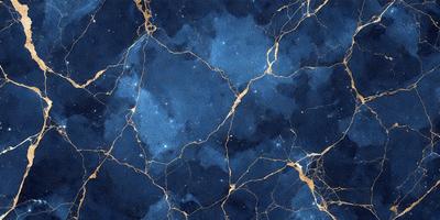 The primary subject of the image is a blue marble wall with gold veins. The setting is a room with a blue marble wall, and the visual style is a photo. The dominant colors are blue and gold, creating a serene and elegant atmosphere.
