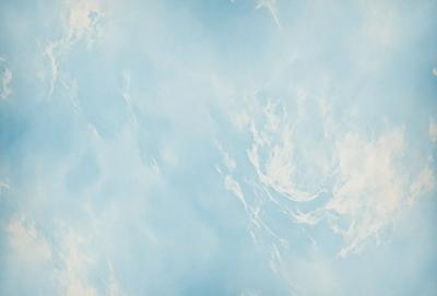 The primary subject of the image is a cloudy blue sky. The setting is a vast expanse of the sky, with no visible land or other objects. The visual style is a painting, which gives the image a more artistic and creative appearance. The dominant colors are blue and white, creating a serene and calming atmosphere.