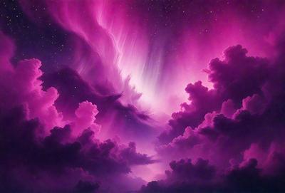 The primary subject of the image is a purple sky with clouds and a pink background. The setting is a night sky with a purple hue, creating a serene and dreamy atmosphere. The visual style is a digital art or illustration, showcasing the artist's creativity and skill in capturing the beauty of the night sky. The colors and mood convey a sense of tranquility and wonder, inviting the viewer to appreciate the beauty of the natural world.