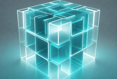 The primary subject of the image is a large, three-dimensional blue and white cube. The setting is a white background, which provides a clean and minimalistic environment for the cube. The visual style of the image is digital art, as it appears to be a computer-generated or digitally manipulated image. The dominant colors in the image are blue and white, creating a sense of depth and contrast.
