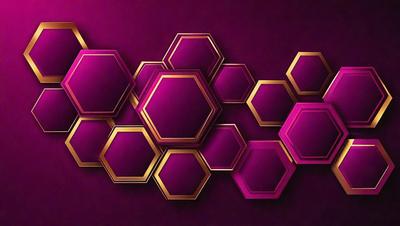 The primary subject of the image is a pattern of hexagons, which are arranged in a purple and gold color scheme. The setting is a purple background, and the visual style appears to be a digital art or illustration. The dominant colors are purple and gold, creating a warm and vibrant atmosphere.