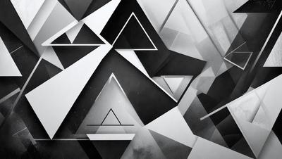The primary subject of the image is a geometric pattern, featuring a combination of triangles and squares. The setting is a black and white background, which adds a sense of contrast and depth to the pattern. The visual style is a mix of digital art and illustration, creating a unique and intricate design. The dominant colors are black and white, giving the pattern a classic and timeless appearance.