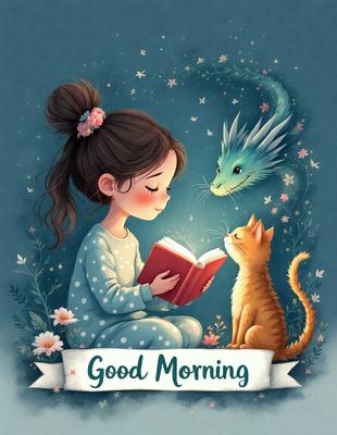The primary subject of the image is a young girl sitting on the floor, reading a book. The setting is a cozy, indoor environment, with a bed visible in the background. The visual style is a digital art illustration, featuring a cute and colorful scene. The colors and mood are warm and inviting, with the girl and the cat creating a sense of comfort and relaxation.