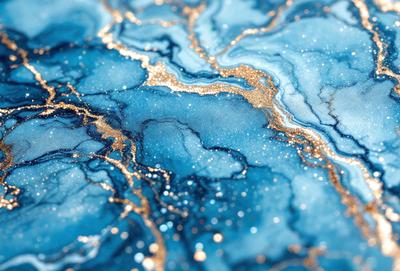 The primary subject of the image is a blue marble surface with gold streaks. The setting is a blue and gold marble countertop, and the visual style is a close-up of the marble surface. The colors and mood of the image are predominantly blue and gold, creating a luxurious and elegant atmosphere.