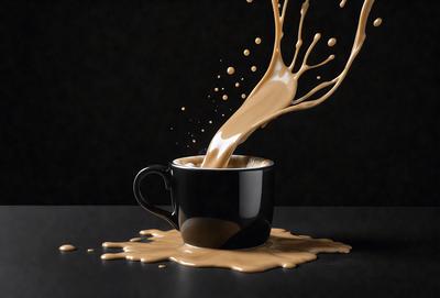 The primary subject of the image is a black coffee mug filled with coffee, which is being poured into it. The scene takes place on a black table, and the visual style appears to be a photo. The dominant colors in the image are black and brown, creating a moody atmosphere.