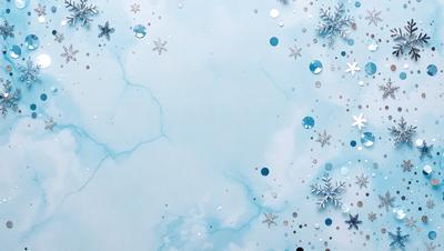 The primary subject of the image is a blue and white background with snowflakes scattered throughout. The setting is a wintery environment, and the visual style appears to be a combination of a photo and digital art. The dominant colors are blue and white, creating a calm and serene atmosphere.