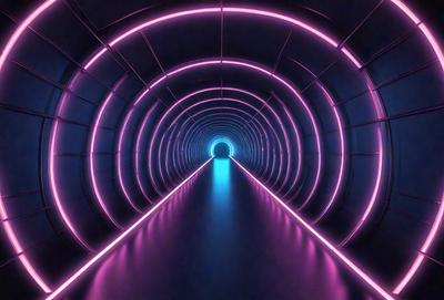 The primary subject of the image is a tunnel with a blue light illuminating it. The setting is a dark tunnel, and the visual style appears to be a digital art or illustration. The dominant colors are blue and pink, creating a unique and vibrant atmosphere.