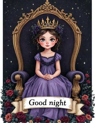 The primary subject of the image is a young girl sitting on a chair, wearing a purple dress and a crown. She is smiling and appears to be enjoying her time. The setting is a dark room with a chair and a couch visible in the background. The visual style is a digital art illustration, with the girl being the main focus of the image. The colors are predominantly purple, which gives the image a calm and serene atmosphere.