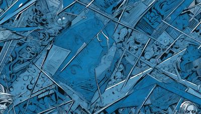 The primary subject of the image is a blue, abstract, and somewhat chaotic scene. The setting is a blue background, and the visual style appears to be a combination of digital art and illustration. The colors and mood of the image are predominantly blue, with a sense of depth and complexity.
