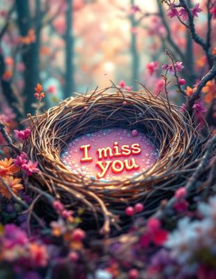 The primary subject of the image is a heart-shaped nest made of twigs, with the words "I miss you" written on it. The nest is placed in a setting with pink flowers, creating a warm and romantic atmosphere. The visual style of the image is a combination of photo and digital art, giving it a unique and personal touch. The colors and mood of the image are predominantly pink, which adds to the overall warmth and sentimental feeling of the scene.