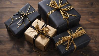 The primary subject of the image is a collection of wrapped presents. The presents are placed on a wooden table, and they are tied with gold ribbon. The setting is a wooden table, and the visual style is a photo. The colors and mood of the image are warm and festive, as the gold ribbon adds a touch of elegance to the presents.