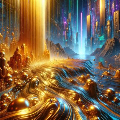 The primary subject of the image is a futuristic cityscape with a blue ocean and a yellow river. The setting is a digital artwork, featuring a vibrant and colorful environment. The visual style is a mix of digital art and illustration, creating a unique and captivating atmosphere. The dominant colors are blue, yellow, and gold, giving the scene a sense of warmth and energy.