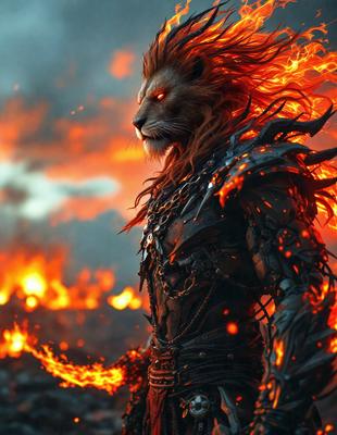 Primary subject: A lion with flaming hair and a chain around its neck.

Setting/background: The lion is standing in front of a fiery background, with flames surrounding it.

Visual style: The image is a digital art or illustration, featuring a detailed and intricate design.

Colors and mood: The dominant colors are red, orange, and yellow, creating a fiery and intense atmosphere.