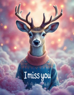 The primary subject of the image is a deer with antlers, wearing a sweater that says "I miss you." The deer is standing in a pink and white cloudy background, which adds a whimsical and dreamy atmosphere to the scene. The visual style of the image is a combination of digital art and illustration, creating a unique and charming representation of the deer. The colors and mood of the image are predominantly pink and white, giving it a warm and comforting feel.