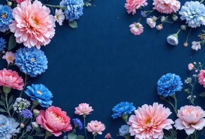 The primary subject of the image is a bouquet of flowers, which are arranged in a circular pattern on a blue background. The flowers are predominantly pink and blue, creating a visually appealing and harmonious display. The setting appears to be a still life or a decorative arrangement, with the flowers being the main focus of the image. The visual style is a combination of realistic and artistic elements, as the flowers are depicted in a detailed and vibrant manner. The overall atmosphere of the image is one