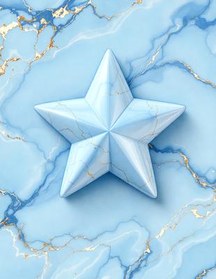 The primary subject of the image is a blue star, which is the main object, scene, or focus of the image. The setting or background features a blue marble surface, which adds to the overall atmosphere of the image. The visual style of the image is a combination of photo and digital art, creating a unique and eye-catching design. The colors and mood of the image are predominantly blue, giving it a calm and serene appearance.