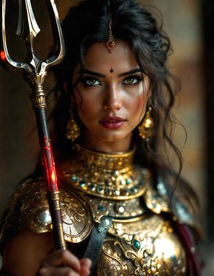 The primary subject of the image is a woman wearing a gold and jewel-encrusted outfit, holding a gold staff. She is posing for the camera, showcasing her unique and ornate attire. The setting appears to be a dark room, with the woman standing in the center of the frame. The visual style of the image is a combination of photo and digital art, creating a striking and eye-catching portrait. The colors and mood of the image are rich and luxurious, with the