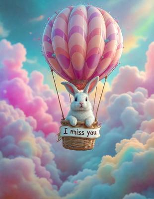 Primary subject: A bunny sitting in a basket.
Setting/background: A pink and purple cloudy sky.
Visual style: Digital art.
Colors and mood: Pink, purple, and white with a playful and whimsical atmosphere.