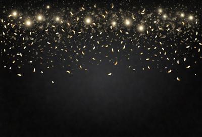 The primary subject of the image is a close-up of a gold glittery background, which appears to be a pattern or texture. The setting is a dark background, and the visual style is a combination of a photo and digital art. The colors and mood of the image are predominantly gold and glittery, creating a warm and festive atmosphere.