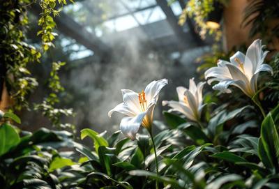 The primary subject of the image is a white flower, likely a lily, with a yellow center, sitting in a garden setting. The flower is surrounded by green leaves, creating a vibrant and natural atmosphere. The visual style of the image is a photo, capturing the beauty of the flower in its natural environment. The colors and mood of the image are predominantly green and natural, with the white flower and yellow center adding a touch of brightness and warmth to the scene.