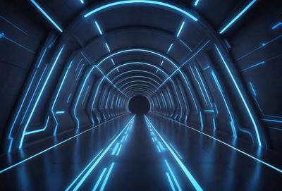 The primary subject of the image is a long, dark tunnel with a blue light illuminating it. The setting is a futuristic environment, possibly a space station or a subway system. The visual style is a digital art or illustration, with the tunnel appearing to be a part of a larger, futuristic structure. The dominant colors are blue and black, creating a sense of depth and mystery in the scene.