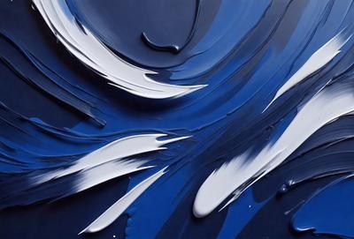 The primary subject of the image is a painting of a blue ocean with white waves. The setting is a blue background, and the visual style appears to be a digital art or illustration. The dominant colors are blue and white, creating a serene and calming atmosphere.