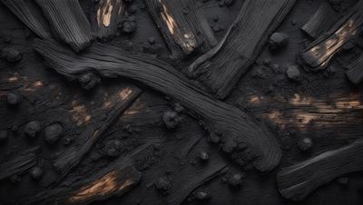 The primary subject of the image is a large, black, and brown piece of wood. The setting is a black background, which creates a striking contrast with the wood. The visual style is a close-up of the wood, showcasing its texture and details. The colors and mood of the image are dark and moody, with the black background emphasizing the richness of the wood's tones.