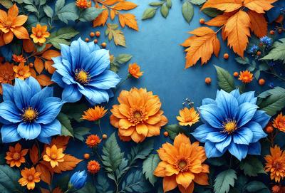 The primary subject of the image is a beautiful arrangement of flowers, predominantly orange and blue, with some yellow accents. The flowers are displayed against a blue background, which adds a sense of depth and contrast to the scene. The visual style of the image is a combination of photo and digital art, creating a vibrant and lively atmosphere. The dominant colors of the flowers and the background evoke a sense of warmth and energy, making the image visually appealing and inviting.