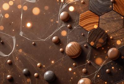 The primary subject of the image is a close-up of a wooden surface with various decorative elements. The setting is a wooden table, and the visual style is a combination of photo and digital art. The colors and mood of the image are predominantly brown and earthy, creating a warm and natural atmosphere.