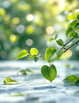 The primary subject of the image is a close-up of a leaf, which is the main object in the scene. The leaf is green and appears to be a heart shape. The setting is a table, and the visual style is a photo. The dominant colors are green and white, creating a calm and natural atmosphere.