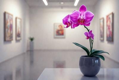 The primary subject of the image is a potted plant with a purple flower in a white room. The setting is a white room with a table, and the visual style is a photo. The dominant colors are white and purple, creating a calm and serene atmosphere.