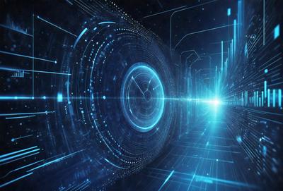 The primary subject of the image is a futuristic, blue-lit tunnel with a circular shape. The tunnel is filled with a multitude of blue lines, creating a visually striking and dynamic scene. The setting is a dark, futuristic environment, and the visual style is a combination of digital art and illustration. The colors and mood of the image are predominantly blue, creating a sense of depth and a futuristic atmosphere.