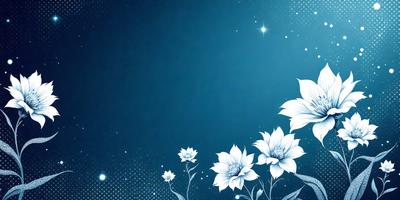 The primary subject of the image is a blue background with white flowers. The setting is a night sky, and the visual style is a digital art or illustration. The dominant colors are blue and white, creating a calm and serene atmosphere.