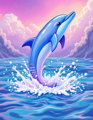 The primary subject of the image is a blue dolphin. The dolphin is swimming in the ocean, surrounded by a blue and white ocean. The visual style of the image is digital art, with a vibrant and lively atmosphere. The dolphin is the main focus of the scene, and it appears to be enjoying its time in the water.
