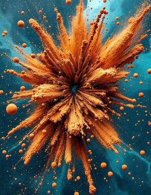 The primary subject of the image is a close-up of a colorful, swirling, and vibrant orange and yellow pattern. The setting is a blue background, which contrasts with the bright colors of the pattern. The visual style appears to be a combination of digital art and illustration, creating a dynamic and eye-catching scene. The dominant colors are orange and yellow, which evoke a sense of warmth and energy.
