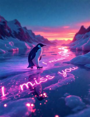The primary subject of the image is a penguin standing on a frozen surface. The setting is a snowy landscape with mountains in the background. The visual style is a digital art or illustration, creating a unique and artistic representation of the penguin. The colors and mood of the image are predominantly pink, giving it a warm and inviting atmosphere.