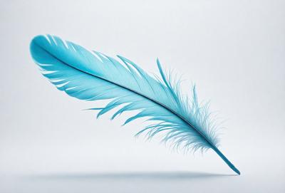 The primary subject of the image is a blue feather, which is the main object, scene, or focus of the image. The setting or background is a white surface, which provides a clean and minimalistic backdrop for the feather. The visual style of the image is a close-up of the feather, showcasing its intricate details and texture. The colors and mood of the image are predominantly blue, giving it a calm and serene atmosphere.