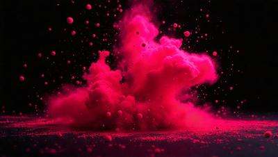 The primary subject of the image is a pink cloud of smoke or dust, which is the main focus of the scene. The setting is a dark background, which contrasts with the pink cloud. The visual style appears to be a photo, as it captures the smoke or dust in a realistic manner. The colors and mood of the image are predominantly pink, creating a vibrant and lively atmosphere.