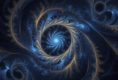 The primary subject of the image is a blue spiral pattern, which is the main object, scene, or focus of the image. The setting or background features a blue and gold swirl pattern, which adds to the visual style of the image. The colors and mood of the image are predominantly blue and gold, creating a sense of depth and elegance.