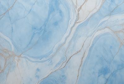 The primary subject of the image is a blue marble tile with a pattern of swirls and waves. The setting is a bathroom, and the visual style is a close-up of the tile. The dominant colors are blue and white, creating a calm and soothing atmosphere.