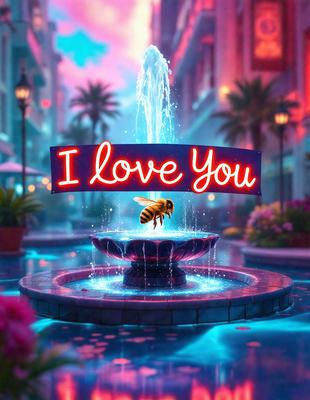 The primary subject of the image is a neon sign that reads "I Love You." The sign is placed in a fountain, which serves as the setting for the background. The visual style of the image is digital art, as it appears to be a computer-generated or digitally created scene. The colors and mood of the image are predominantly blue, creating a serene and calming atmosphere.