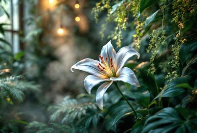 The primary subject of the image is a white flower, likely a lily, with a yellow center, sitting in a forest setting. The flower is surrounded by green leaves, creating a serene and natural atmosphere. The visual style of the image is a photo, capturing the beauty of the flower in its natural environment. The colors and mood of the image are predominantly green and natural, with the white flower and yellow center adding a touch of brightness to the scene.