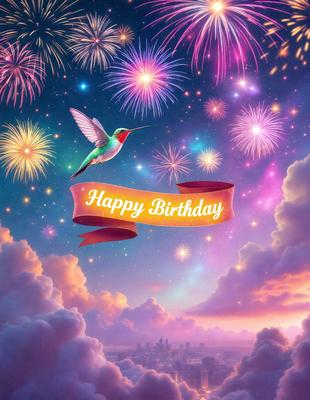 The primary subject of the image is a green bird with a red beak, flying in the sky. The bird is positioned in the center of the scene, surrounded by a vibrant and colorful background. The setting appears to be a nighttime cityscape, with a city visible in the background. The visual style of the image is a combination of photo and digital art, creating a unique and eye-catching scene. The colors and mood of the image are lively and energetic, with the green bird and