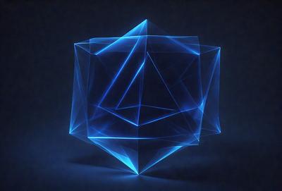 The primary subject of the image is a blue, three-dimensional geometric shape, which appears to be a cube or a pyramid. The setting is a dark background, which contrasts with the bright blue color of the geometric shape. The visual style of the image is digital art, as it is a computer-generated representation of the geometric shape. The dominant colors and overall atmosphere of the image are blue and dark, creating a sense of depth and contrast.