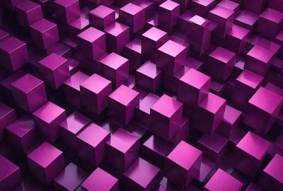 The primary subject of the image is a large, purple, three-dimensional grid made up of square blocks. The setting is a purple background, which creates a visually striking contrast with the blocks. The visual style is a combination of digital art and illustration, giving the image a unique and artistic appearance. The dominant colors are purple and pink, creating a warm and inviting atmosphere.