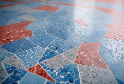 The primary subject of the image is a blue and red mosaic tile floor. The setting is a room with a blue and red checkered floor, which adds a vibrant and colorful atmosphere to the space. The visual style of the image is a close-up of the floor, showcasing the intricate design and patterns of the mosaic tiles. The colors and mood of the image are lively and energetic, with the blue and red tiles creating a dynamic and visually appealing environment.