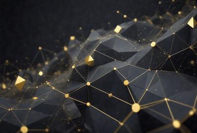 The primary subject of the image is a close-up of a geometric pattern, possibly a crystal or a piece of artwork, with gold and black colors. The setting is a dark background, which contrasts with the pattern and highlights its details. The visual style appears to be a combination of digital art and illustration, creating a unique and intricate design. The overall atmosphere of the image is elegant and sophisticated, with the gold and black colors evoking a sense of luxury and refinement.