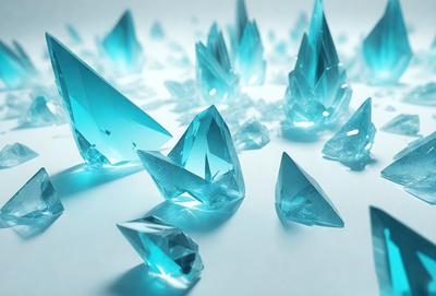 The primary subject of the image is a collection of blue crystals, which are the main objects in the scene. The setting is a white background, which provides a clean and minimalistic environment for the crystals. The visual style of the image is a digital art or illustration, as the crystals are depicted in a detailed and artistic manner. The dominant colors in the image are blue, which gives the scene a calm and serene atmosphere.