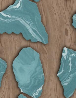 The primary subject of the image is a wooden tree trunk with a blue and white marbled pattern. The setting is a blue and white marbled surface, which adds to the visual style of the image. The colors and mood of the image are predominantly blue and white, creating a serene and calming atmosphere.